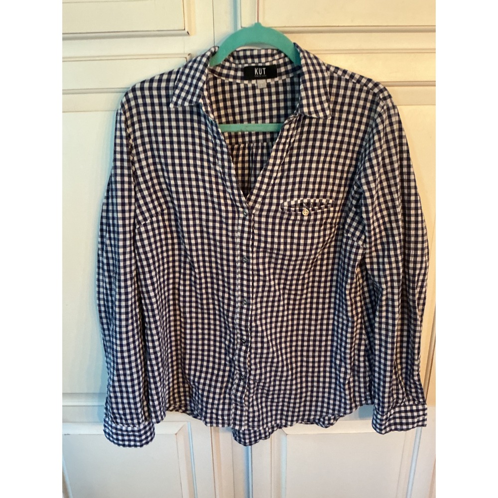 KUT from the Kloth Navy White Gingham Button Down Shirt Large ST17001